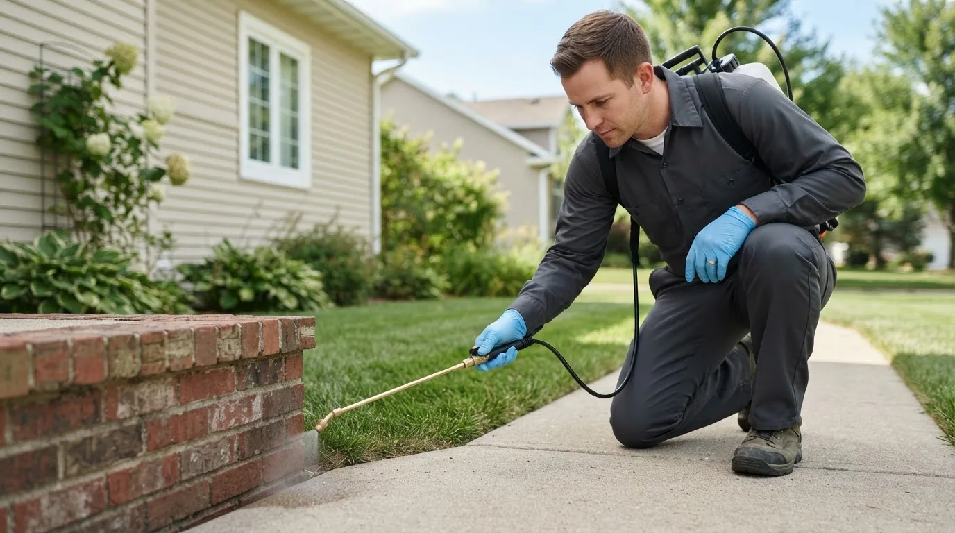 Pest control technician treating a home near New Franklin, MO