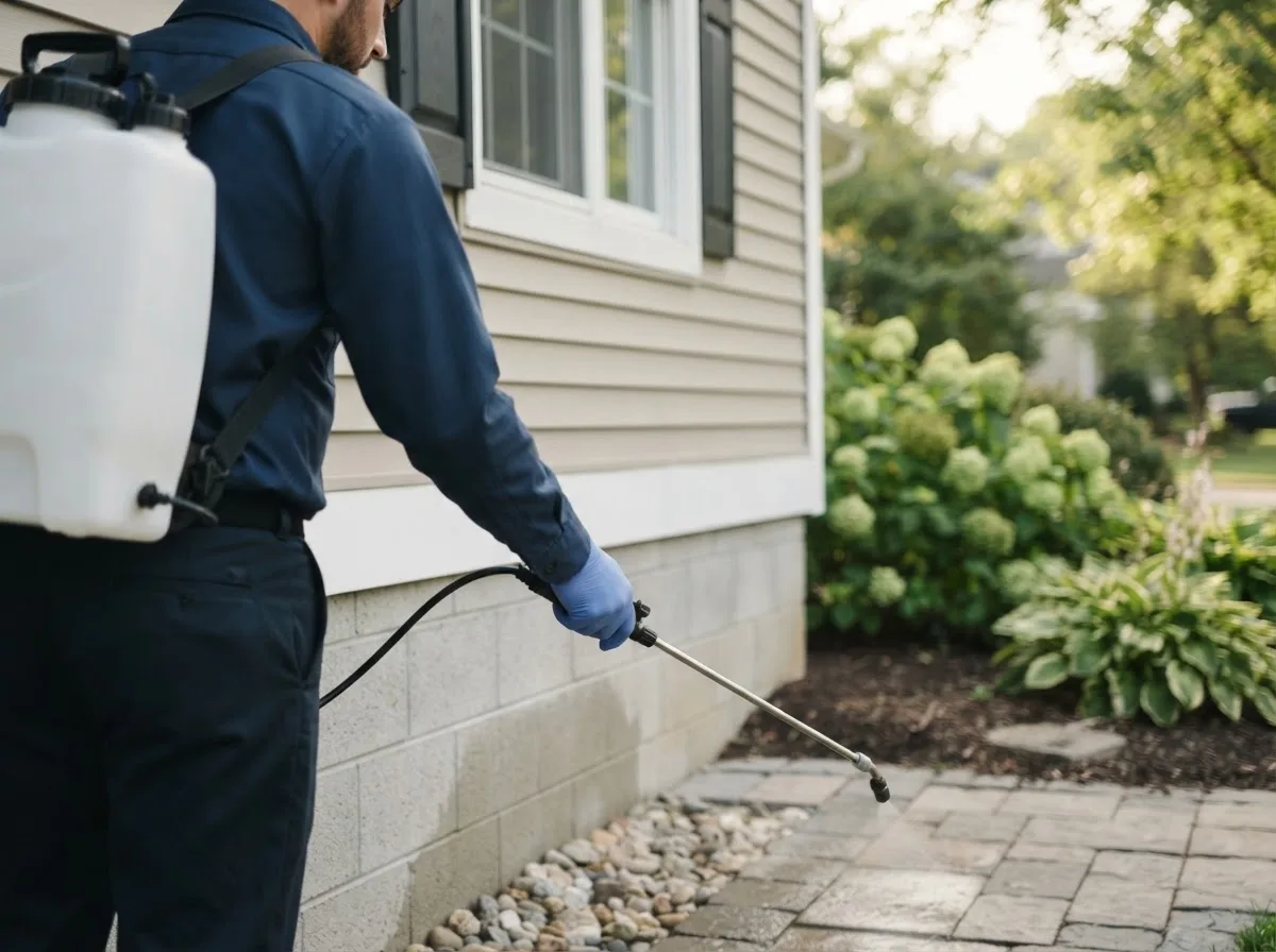 Pest control technician inspecting a home in New Franklin, MO